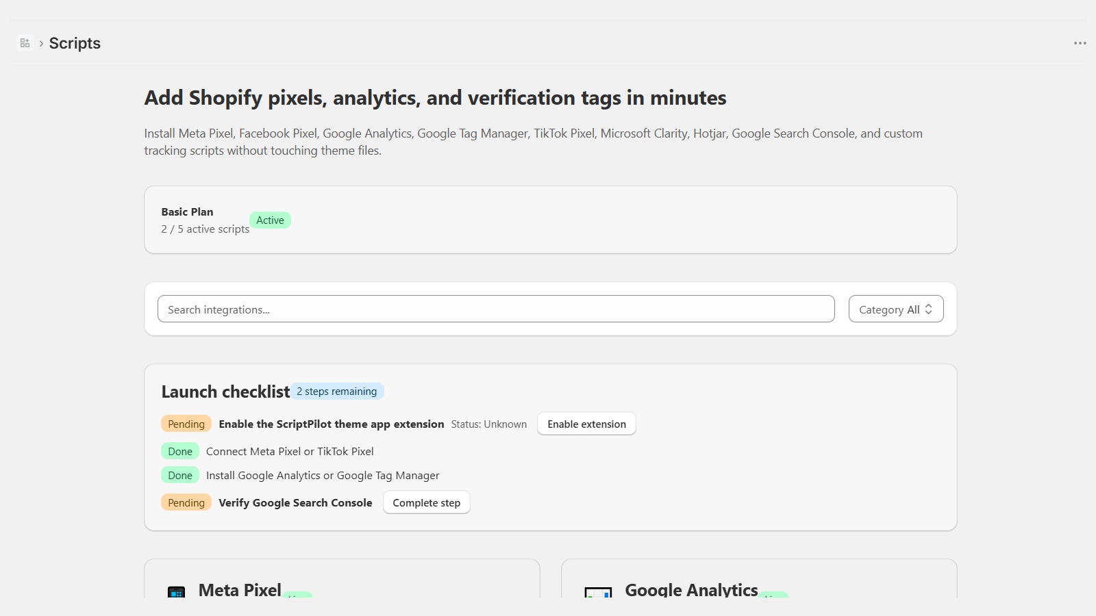 Add a new tracking script — Meta Pixel, GA4, GTM and more